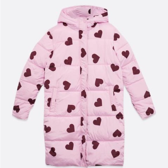 Wednesday’s Girl Pink Heart Mid-Length Puffer Jacket Size S - Picture 3 of 8